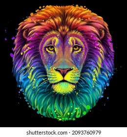 Lion. Abstract, multi-colored, neon portrait of a lion's head on a on a black background with splashes of watercolor in pop-art style. Digital vector graphics.