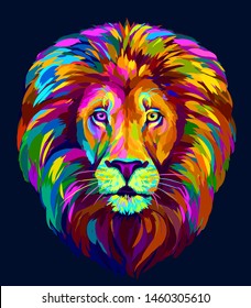 Lion. Abstract, multi-colored portrait of a lion's head on a blue background in pop-art style.