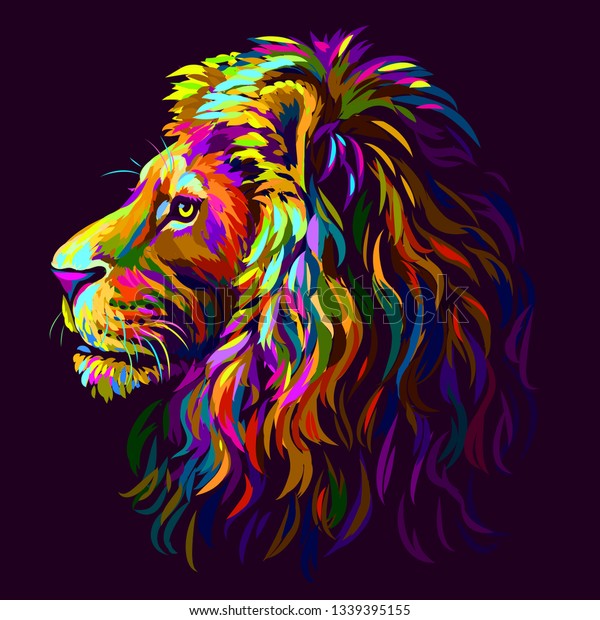 
 Lion. Abstract,
multi-colored profile portrait of a lion's head on a purple
background in pop-art
style.