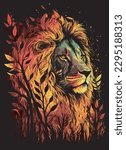 Lion. abstract portrait of a lion in the jungle background with watercolor splashes in the style of pop art.vector illustration