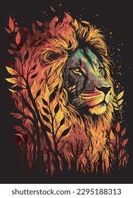 Lion. abstract portrait of a lion in the jungle background with watercolor splashes in the style of pop art.vector illustration