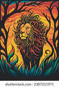 Lion. abstract portrait of a lion in the jungle background with watercolor splashes in the style of pop art.vector illustration