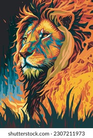 León. retrato abstracto de un león en el fondo de la jungla con salpicaduras de acuarela al estilo del arte pop.ilustración vectorial