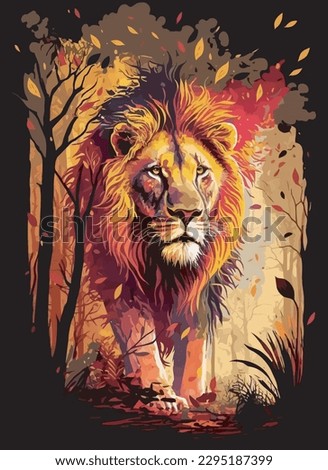 Lion. abstract portrait of a lion walking forward on the jungle background with watercolor splashes in the style of pop art.vector illustration