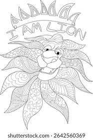 I AM Lion Affirmation Zentangle Coloring Page, Detailed line art illustration of a fierce lion's head wearing a crown, with the powerful affirmation 'I AM LION' above. The mane features intricate,