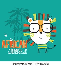 lion in african jungle vector illustration, T-shirt graphics design for kids