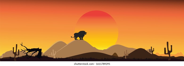 Lion African.Safari theme.Amazing sunset and sunrise.Panorama silhouette tree in africa with sunset.Dark tree on open field dramatic sunrise.