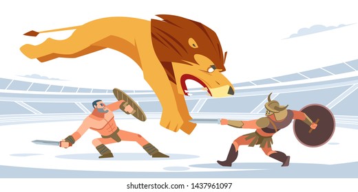 Lion against gladiators. A huge lion is attacking the gladiators. White isolated background. Vector flat cartoon style.