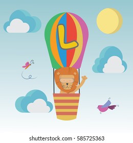 a lion in air balloon with l alphabet for lion cartoon vector