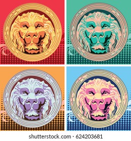 The lion is an allegory of force, power, nobility and success / Set of four multicolored sockets with the lion. Pop Art