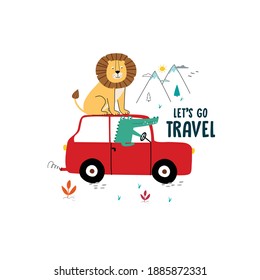 lion alligator car bush leaf mountain pine tree forest woodland illustration art vector tee slogan