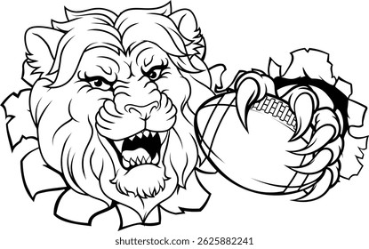 Um leão do mascote de animais de desenho animado da equipe esportiva de futebol americano