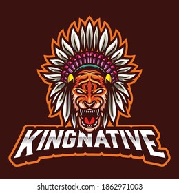 Lion american native head mascot cartoon for esports or sport logo
