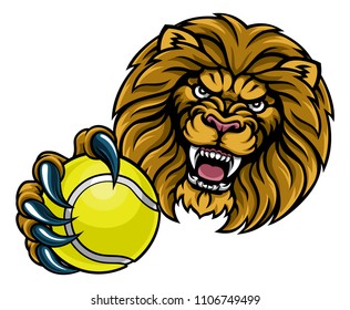 A lion angry animal sports mascot holding a tennis ball