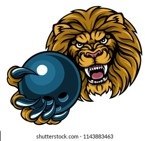 A lion angry animal sports mascot holding a ten pin bowling ball