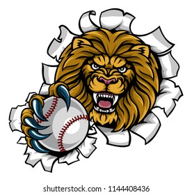 A lion angry animal sports mascot holding a baseball ball