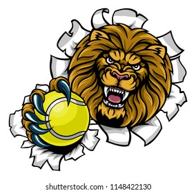 A lion angry animal sports mascot holding a tennis ball and breaking through the background with its claws