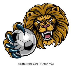 A lion angry animal sports mascot holding a soccer football ball