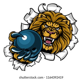 A lion angry animal sports mascot holding a ten pin bowling ball and breaking through the background with its claws