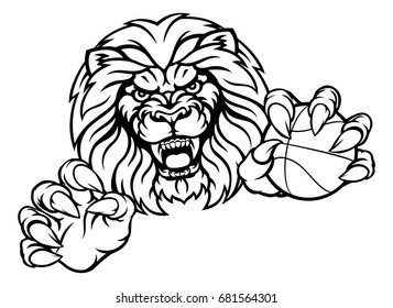 A lion angry animal sports mascot holding a basketball ball