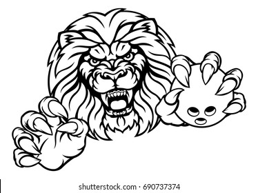 A lion angry animal sports mascot holding a ten pin bowling ball