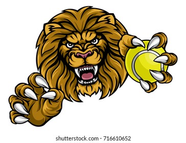 A lion angry animal sports mascot holding a tennis ball