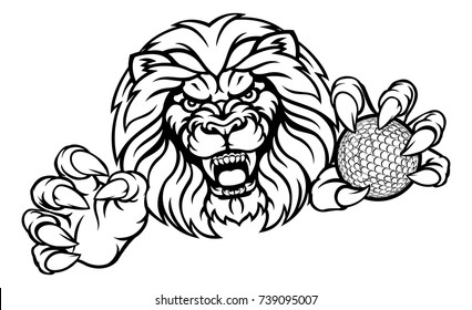 A lion angry animal sports mascot holding a golf ball