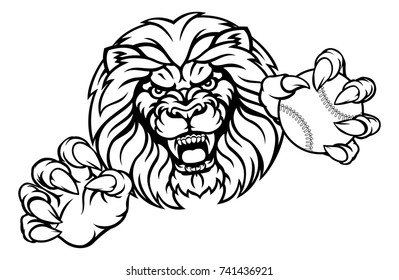 A lion angry animal sports mascot holding a baseball ball