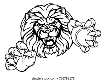 A lion angry animal sports mascot holding a tennis ball