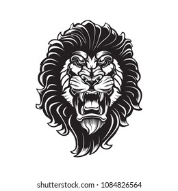 Lion angry face tattoo. Vector illustration of lion head. Safari print.