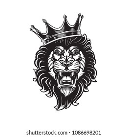 Lion angry face tattoo. Vector illustration of lion head. Safari print.