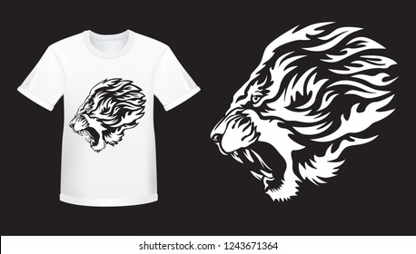 Lion angry face tattoo. Vector illustration of lion head. Safari print.