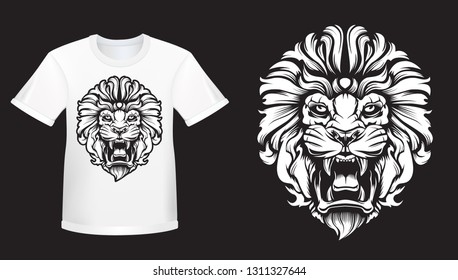 Lion angry face with teeth shirt mockup. Tattoo theme. Vector illustration of lion head. Safari print.