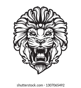 Lion angry face with teeth. Tattoo theme. Vector illustration of lion head. Safari print.