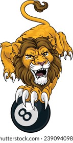 A lion angry mean pool billiards mascot cartoon character holding a black 8 ball. 