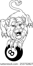 A lion angry mean pool billiards mascot cartoon character holding a black 8 ball. 