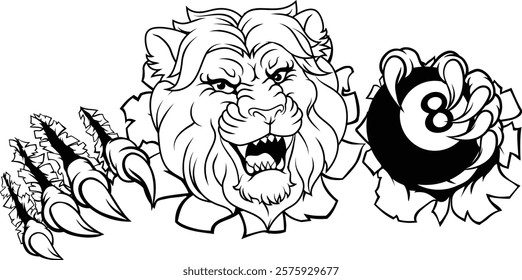 A lion angry mean pool billiards mascot cartoon character holding a black 8 ball. 