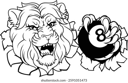 A lion angry mean pool billiards mascot cartoon character holding a black 8 ball. 