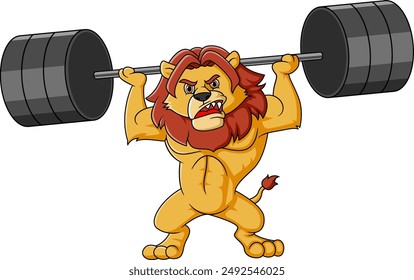 A lion animal body builder sports mascot weight lifting a barbell of illustration