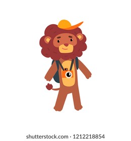Lion animal cartoon character traveling on vacation vector Illustration on a white background