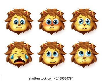 Lion animal emoji vector set. Cute emoji of lions face in sad and angry emotions and expressions isolated in white background. Vector illustration.