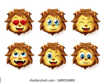 Lion animal emoji vector set. Lions emoticons with funny and inlove facial expressions for design elements isolated in white background. Vector illustration. 