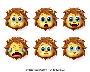 Lion animal emoticon vector set. Lions emoji and emoticon in cute happy facial expression isolated in white background. Vector illustration 3d realistic.