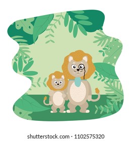 lion animal with eyeglass and his son in the landscape