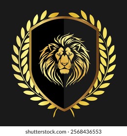 Lion animal head shield design vector illustration, logo template isolated on black background