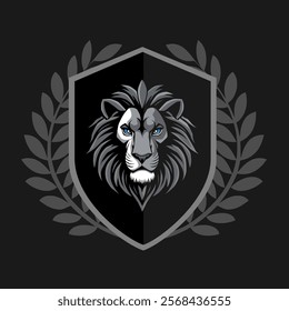 Lion animal head shield design vector illustration, logo template isolated on black background