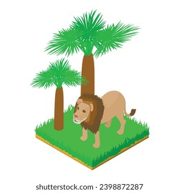 Lion animal icon isometric vector. Big adult lion standing in green grass icon. Fauna, wildlife, environmental protection