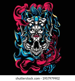 lion animal illustration with skull and koi fish underneath