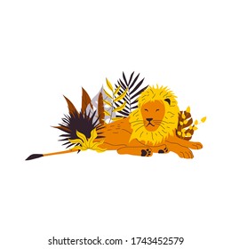 Lion Animal King Lying Among Leafy Foliage Vector Illustration. Bright Trendy Graphic Print for Sweatshirts and Posters