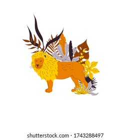 Lion Animal King Standing Among Leafy Foliage Vector Illustration. Bright Trendy Graphic Print for Sweatshirts and Posters